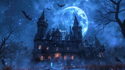 A castle with a large moon in the sky and bats flying around it