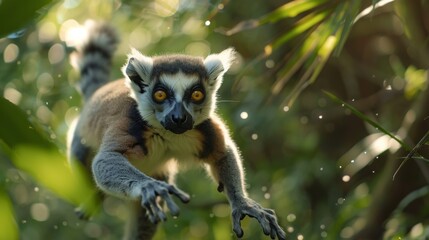 Fototapeta premium A Close up of a Ring Tailed Lemur on a Tree Branch in the Jungle - Generative AI