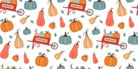 Autumn seamless pattern with pumpkins, harvest cart. Fall season and harvest festival vector illustration in flat design. 
