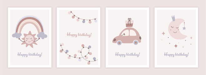 Fototapeta premium Happy birthday cards set in cartoon design. Trendy collection of birthday elements. Simple flat style. Vector illustration. 