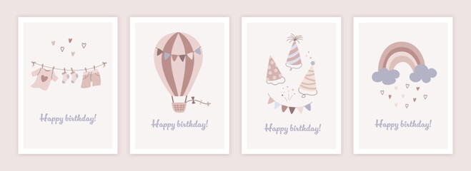 Obraz premium Happy birthday cards set in cartoon design. Trendy collection of birthday elements. Simple flat style. Vector illustration. 