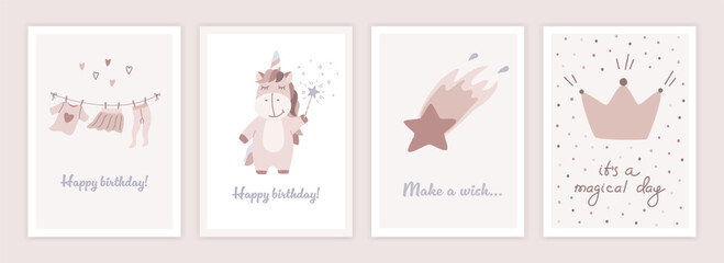 Happy birthday cards set in cartoon design. Trendy collection of birthday elements. Simple flat style.  Vector illustration.
