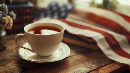 a table top with a cup of tea, a book, and a softly blurred USA flag in the background. 