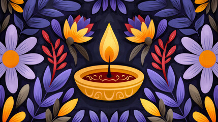 A vintage poster illustration depicting the colorful celebration of Diwali with shimmering purple and gold hues showcasing a radiant diya and intricate henna patterns 