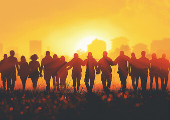 Fototapeta premium Group holding hands at a protest, view from behind, papercut style, unity and strength, social movement,