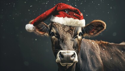 Brown Cow Wearing Santa Hat in Snow
