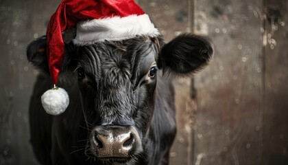 Black Cow Wearing Red Santa Hat for Christmas