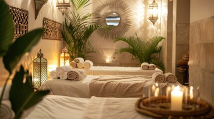 Fototapeta premium A spa with a lot of greenery and candles