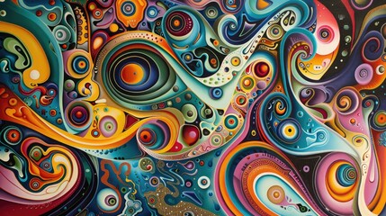 A colorful abstract painting with many different shapes and colors