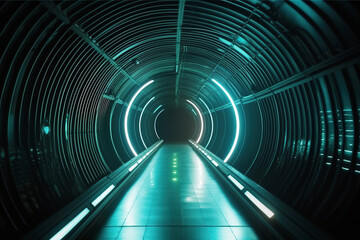 generated illustration of futuristic tunnel illuminated by vibrant purple and blue neon lights with perspective