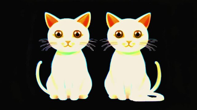  twin cats cartoon illustration cute kittens sitting side by side bright eyes playful expression symmetrical design minimalist style feline pets digital art black background vibrant colors