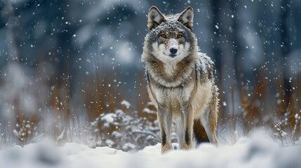 Obraz premium A Lone Wolf Standing In the Snow During a Snowstorm on a Forested Hillside - Generative AI