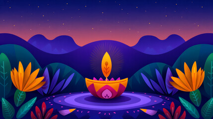 A vintage poster illustration showcasing a festive Diwali night with vibrant purple and golden hues featuring a radiant diya and intricate rangoli 