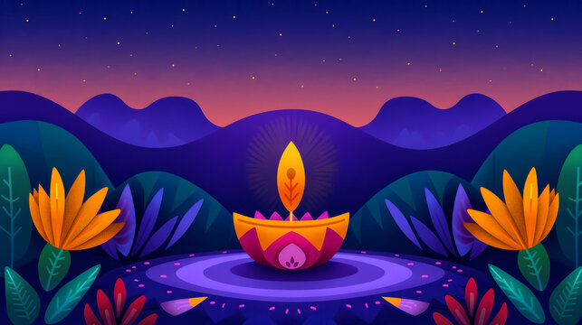 A vintage poster illustration showcasing a festive Diwali night with vibrant purple and golden hues featuring a radiant diya and intricate rangoli 