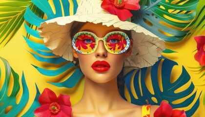 Woman Wearing Sunglasses and a Straw Hat Against a Yellow Background With Tropical Plants