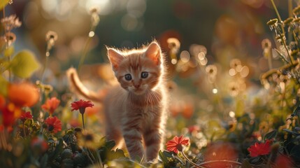 A Small Orange Kitten Is Walking Through a Field of Wildflowers and Grass - Generative AI