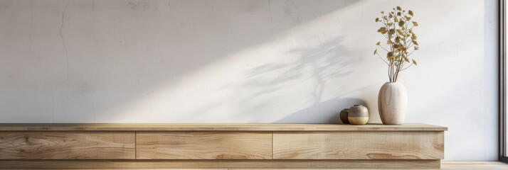 Obraz premium Oriental inspired interiors design decor composition with minimal furniture, neutral lighting, a large window and copy space. Residential Real Estate mockup image for advertising.