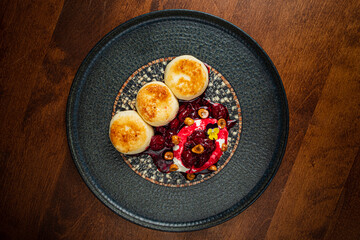 cottage cheese pancakes with cherrry sauce