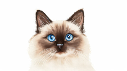 A watercolor illustration of a happy Birman cat with blue eyes sitting contentedly isolated on a white background 