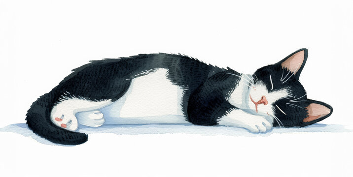 A watercolor illustration of a black and white tuxedo cat lounging lazily isolated on a white background 