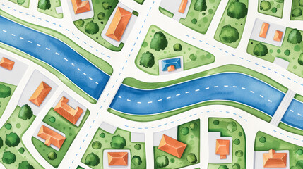 Abstract city map from above in watercolour with sketched buildings roads parks and bridges empty text area 