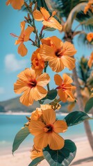 Fototapeta premium Beautiful sunset with hibiscus flowers on sandy beach