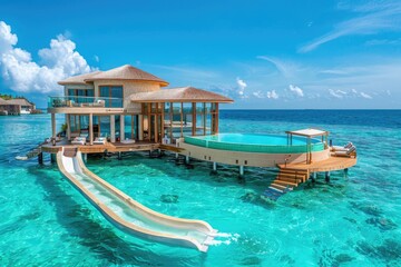 Fototapeta premium Luxurious villa with a private pool and a slide leading directly into the crystal-clear ocean, offering a perfect tropical getaway experience