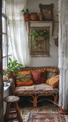Cozy vintage living room with wicker furniture