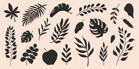 Set of black botanical silhouette elements on a beige background.  Vector illustration