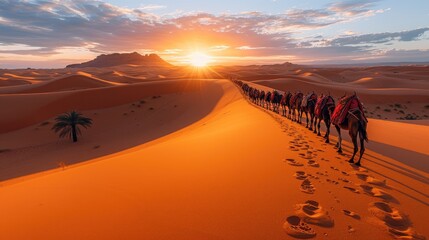 Fototapeta premium Camel caravan crossing sand dunes in desert at sunset.