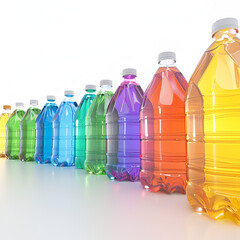 Plastic bottles of assorted carbonated soft drinks over white background,
Plastic bottles of assorted carbonated soft drinks in variety of colors
