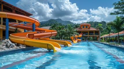 Colorful water slides in a resort on a sunny day.