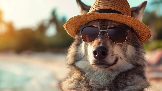 Relaxing wolf with sun hat and sunglasses on beach.