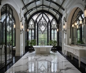 Fototapeta premium Refined Opulence Lush Details and Iron Frame Craftsmanship in a Modern Gothic Bath.jpeg