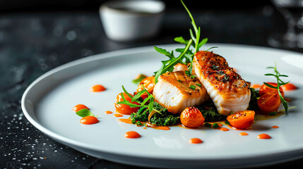 Gourmet dinner plate with elegant presentation, vibrant colors, high detail, realistic,