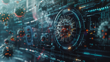 A virus and its envelope, highly detailed, technological interface background