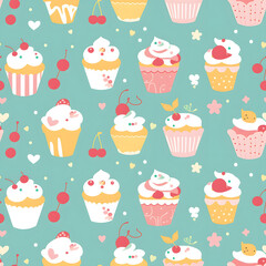 Cute cupcakes and cherries seamless pattern background.