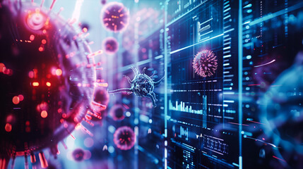 A virus and its envelope, highly detailed, technological interface background