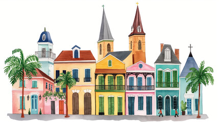 Fototapeta premium Watercolor depiction of the French Quarter in New Orleans vibrant and historic isolated on white 