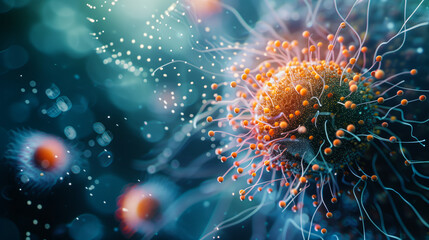 A virus capsid, in focus, genetic sequence background