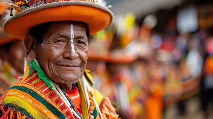 Fototapeta premium Portrait of a smiling indigenous man in vibrant traditional attire, showcasing cultural heritage and community spirit.