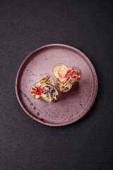 Delicious nutritious vegan dessert trifle with berries, cheese cream