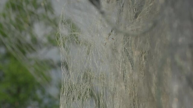 Close-up of a fishing net hanging outdoors at Rennd&oslash;lsetra farm in Innerdalen, Norway