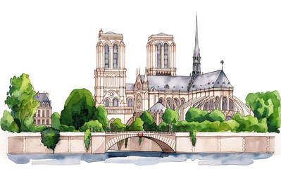 Watercolor drawing of Notre Dame Cathedral in Paris gothic and intricate isolated on white 