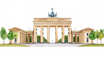 Watercolor drawing of the Brandenburg Gate in Berlin neoclassical architecture isolated on white 