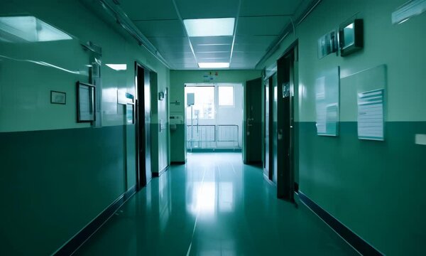 A long, empty hallway with green walls and a green floor. The hallway is very long and has no people in it
