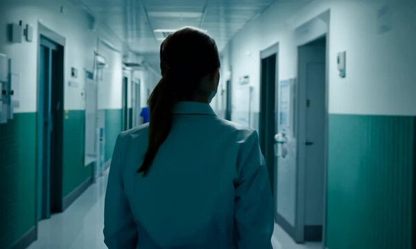 A woman in a white lab coat walks down a hallway. She is the only person in the room