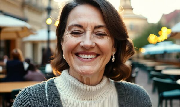 Close-up portrait video of a grinning woman in her 40s that is wearing a chic cardigan against a parisian or european cafe background