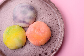 Delicious sweet chilled mochi desserts with fruit filling