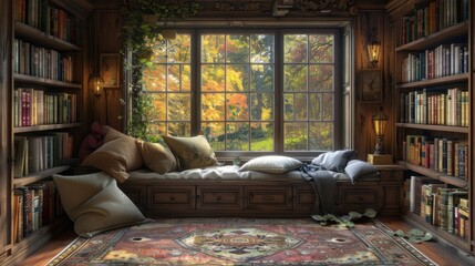 A cozy reading nook with built-in bookshelves, a comfy chair, and a window seat with a view.